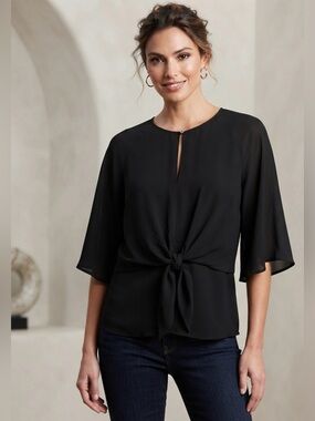 Express Black Keyhole Tie-Front Blouse